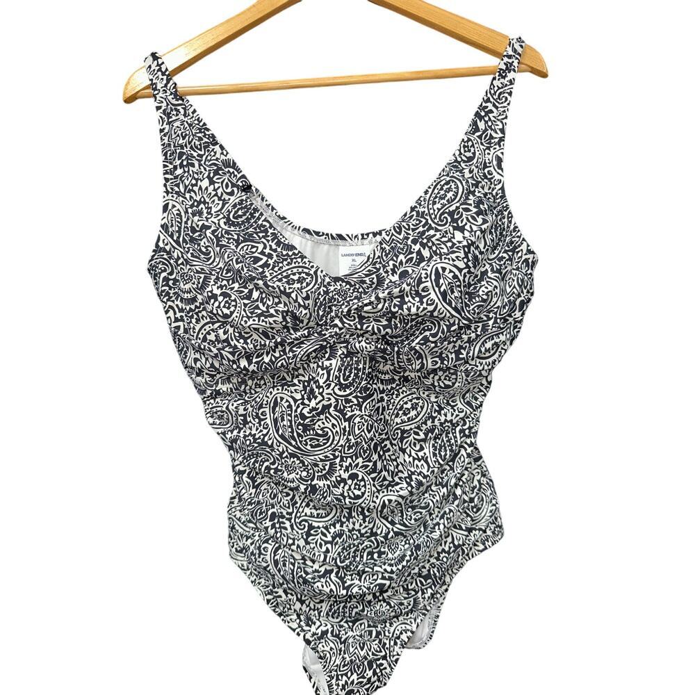 Land’s End Women’s One Piece Swim Suit Adjustable Strap Black Floral Modest XL